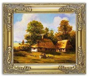 Obraz - Dworki, mlyny, chaty, - olejny, ręcznie malowany 27x32cm