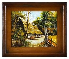 Obraz "Dworki, mlyny, chaty," ręcznie malowany 27x32cm