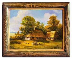 Obraz "Dworki, mlyny, chaty," ręcznie malowany 37x47cm