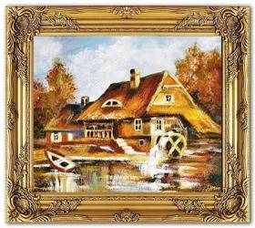 Obraz "Dworki, mlyny, chaty," ręcznie malowany 53x64cm
